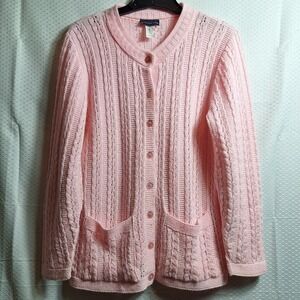 Vtg GLAMOUR KNIT Cable Cardigan Sweater Sz S Baby Pink Grannycore Made In USA
